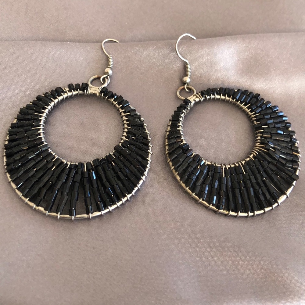 Beaded Hoop Earrings. Midnight Black Seed Beads